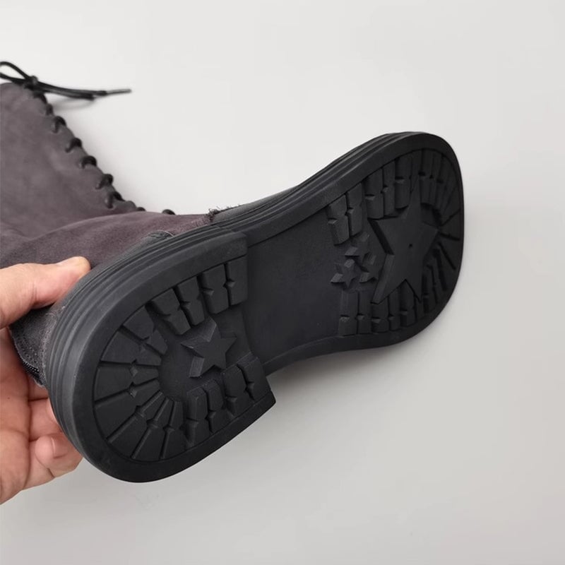 Botas altas hasta la rodilla con cordones hechas a mano, diseño de empalme de puntera grande, botas de montar negras/marrones