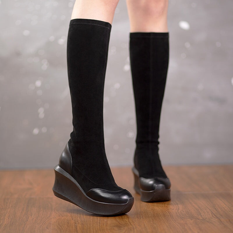 Designer 83mm Knee-high Wedge Boots Stretch Boots