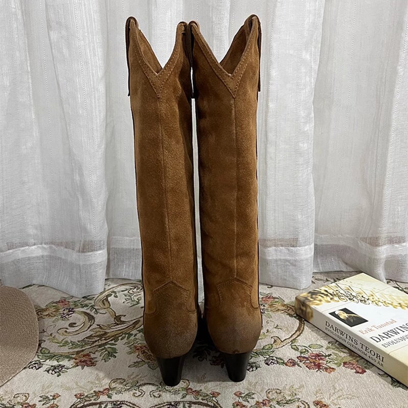 Botas vaqueras de ante estilo western para mujer, hasta la rodilla, con tacón de bloque, en gris, marrón y negro. Todas de cuero genuino.