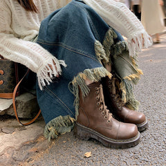 Botines de combate gruesos con cordones y cremallera lateral para mujer