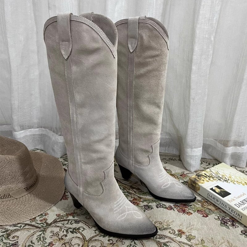 Botas vaqueras de ante estilo western para mujer, hasta la rodilla, con tacón de bloque, en gris, marrón y negro. Todas de cuero genuino.