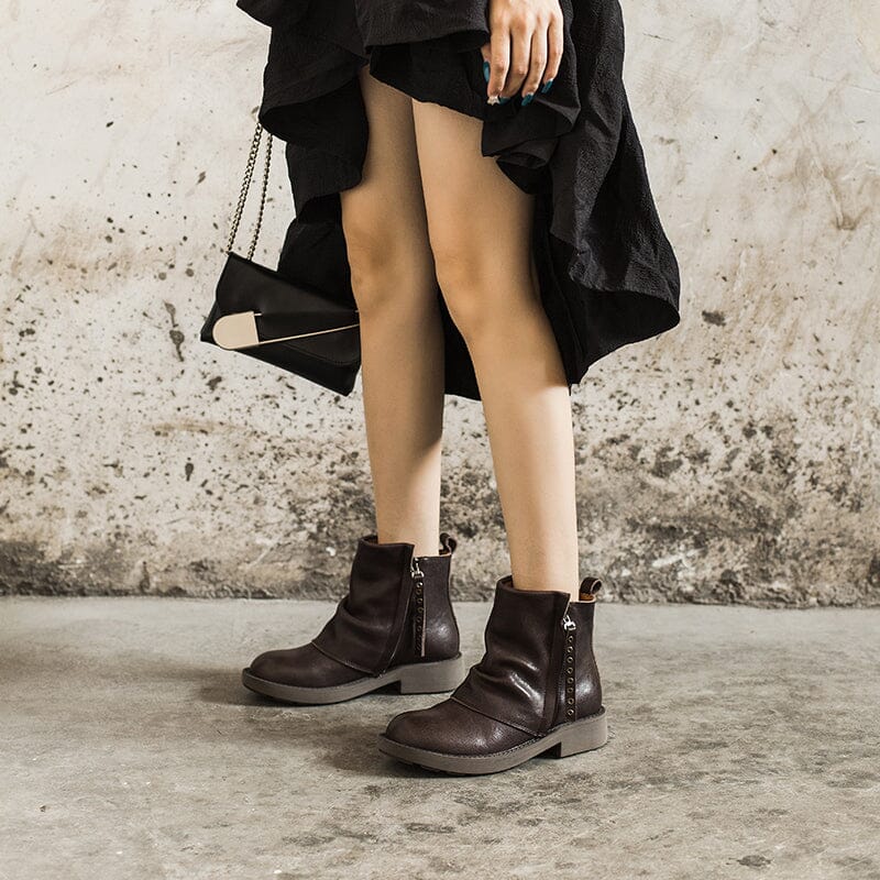 Retro Chunky Wrinkled Ankle Boots Black/Coffee/Brown