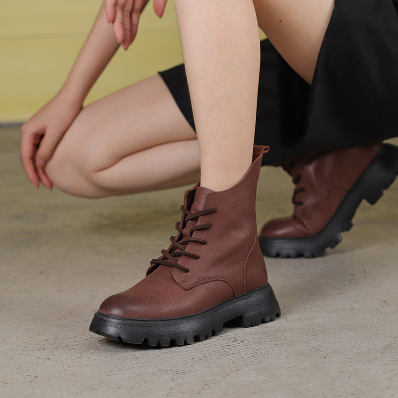 752468 Handmade Genuine Leather Biker Boots Lace-Up Combat Boots Retro Chunky ...
