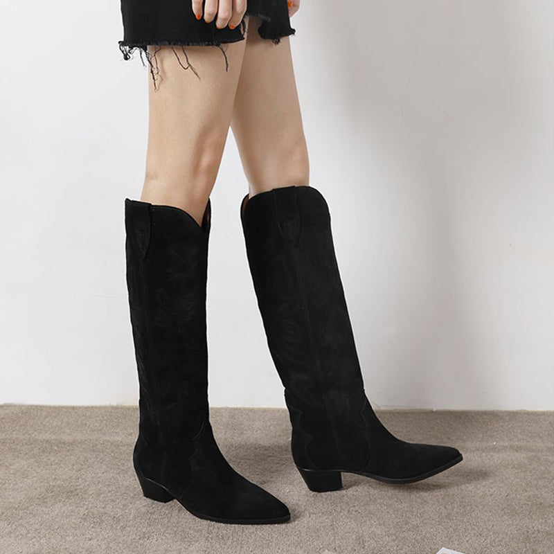 Botas vaqueras hasta la rodilla con bordado occidental para mujer, tacón de bloque, gamuza negra/caqui/gris, cuero genuino.