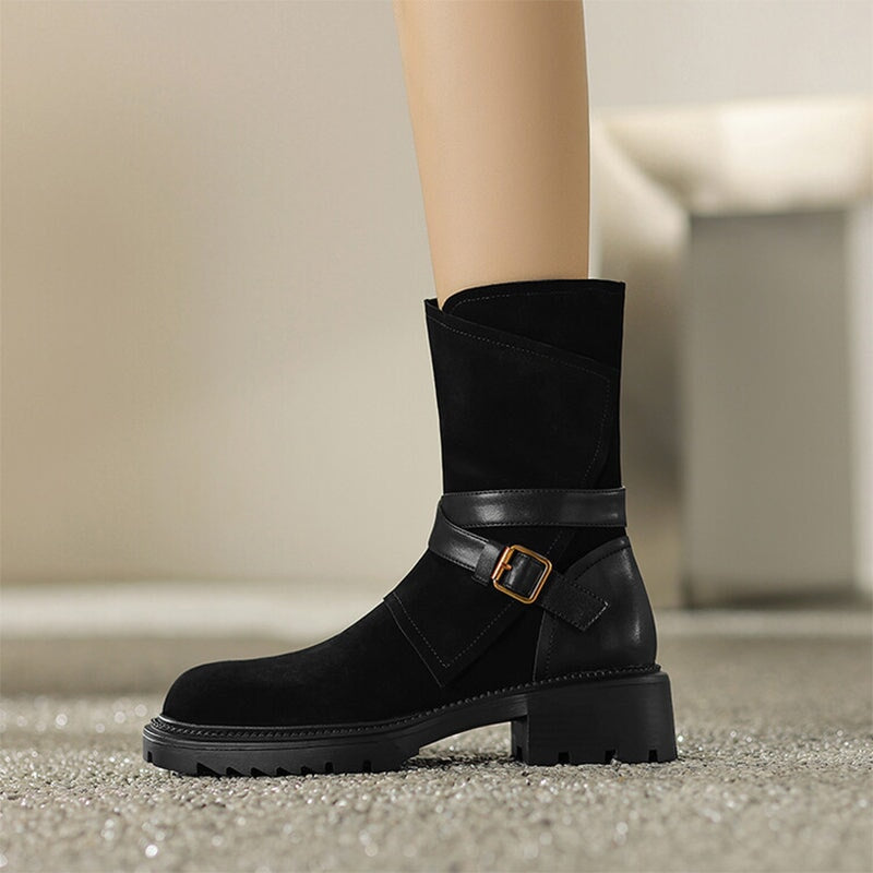 Womens Suede Mid Calf Boots for Winter Buckles Boots