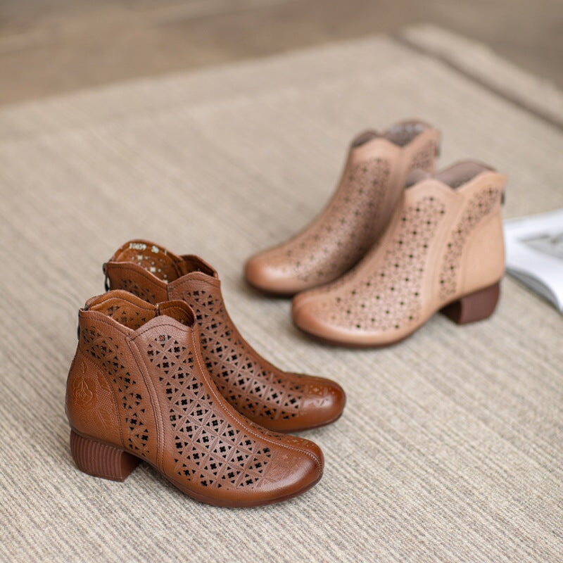 Cut Out Summer Boots Breathable Short Boots Coffee /Apricot