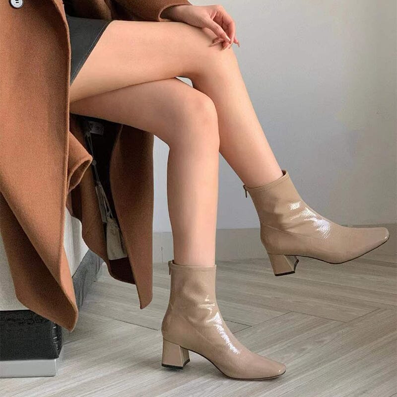 Squared Toe Nude Boots Block Heeled Black/Nude