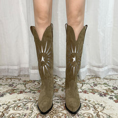 Womens Western Embroidered Boots - Suede Khaki/Black Cowgirl Boots All Genuine Leather