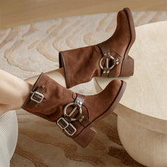 Suede Short Boots Buckle Boots Big Round Toe