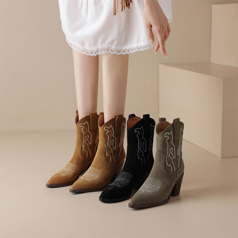 Suede Western Boots Mid Calf Contrast-stitching Cowboy Boots