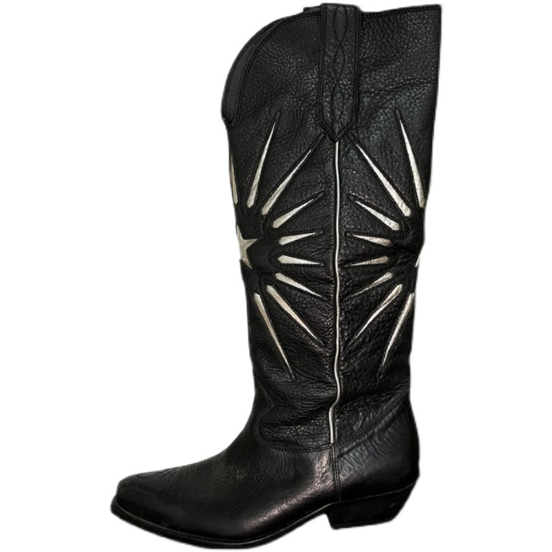 Botas vaqueras bordadas estilo western para mujer - Gamuza color caqui/negro - Totalmente de cuero genuino