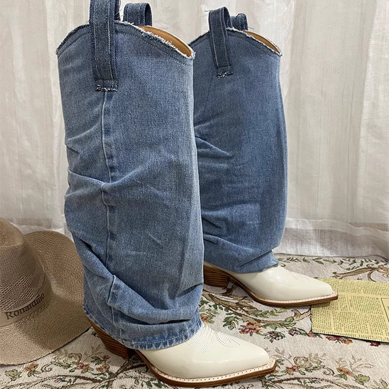 Wide-Shaft Wedge Boots Foldover Western Boots Blue & Off-White Mid Cowboy Boots