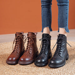 Handmade Genuine Hollow Out Boots Breathable Summer Shoes Side Zipper Ankle Boots Brown/Black