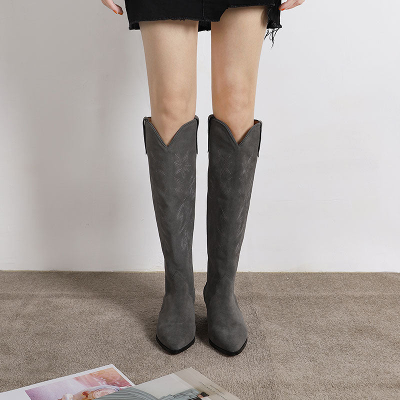 Botas vaqueras hasta la rodilla con bordado occidental para mujer, tacón de bloque, gamuza negra/caqui/gris, cuero genuino.