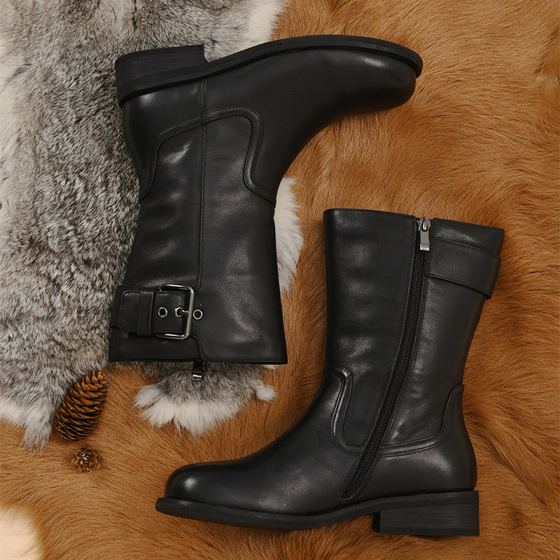 Womens Retro Mid Calf Boots for Cold Winter classic Martin boots Black Short Plush Lining