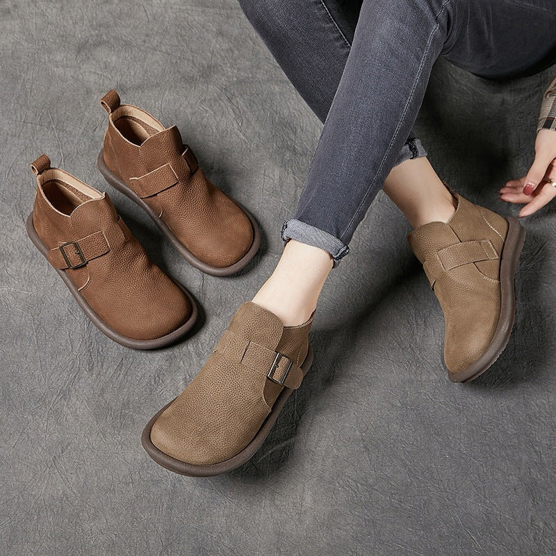 Women's Ankle Boots Round Toe Retro Flat Shoes Casual Buckle Boots Khaki/Coffee