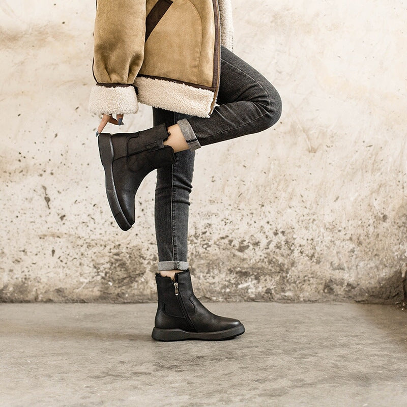 Side Zipper Chelsea Boots Waxing Short Boots for Winter Black Fleece Lined/Coffee Fleece Lined