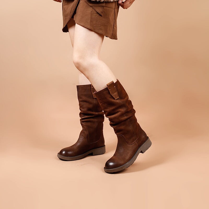 Designer Full Grain Knee High Boots Fold Design Riding Boots