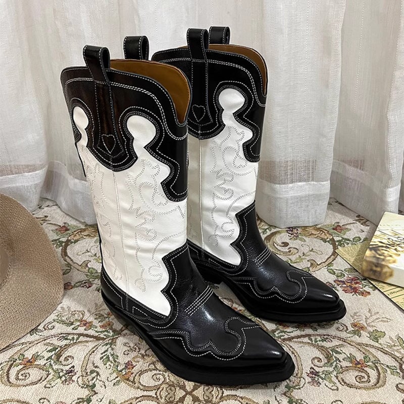 Womens Contrasting Embroidery Western Boots Mid Calf Cowboy Boots