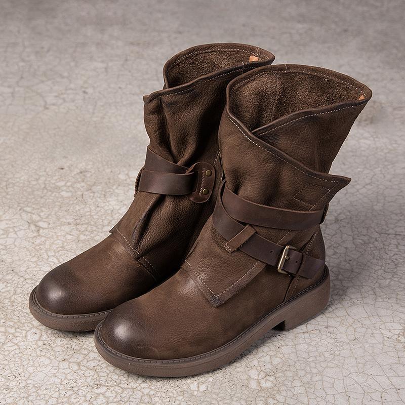 Womens Retro Mid Calf Boots for Winter Buckles Boots