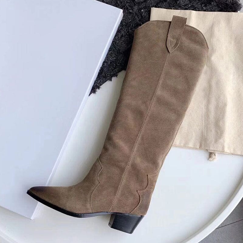 Womens Western Suede Knee High Boots Block Heel - Khaki/Black/Grey/Brown Cowgirl Boots All Genuine Leather