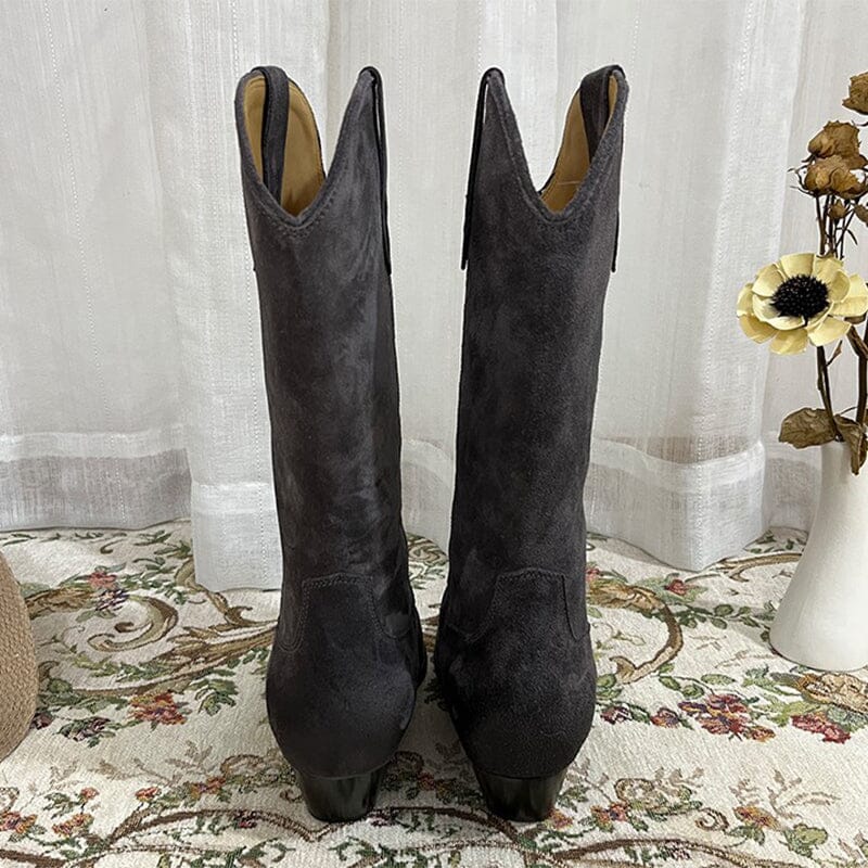 Botas vaqueras de ante estilo western para mujer, de media pantorrilla y tacón cuadrado, color caqui, negro, gris y marrón, totalmente de cuero genuino.