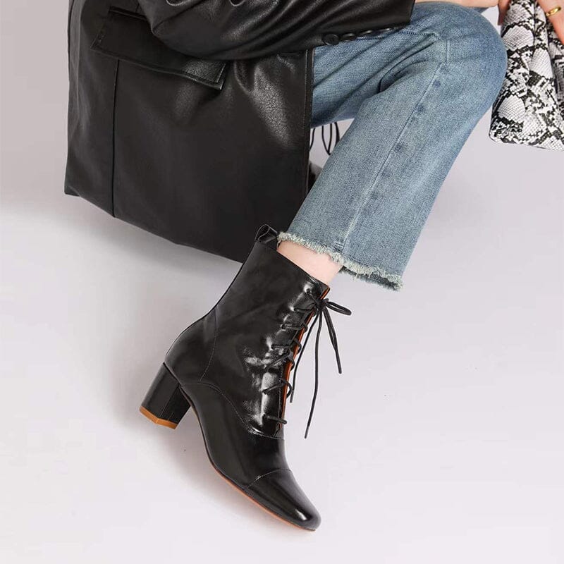 Lace-up Ankle Boots Nude Elegant Glove-Like Retro Boots Block Heel