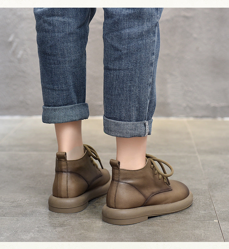 Versatile Leather Round Toe Flat Heel Short Boots