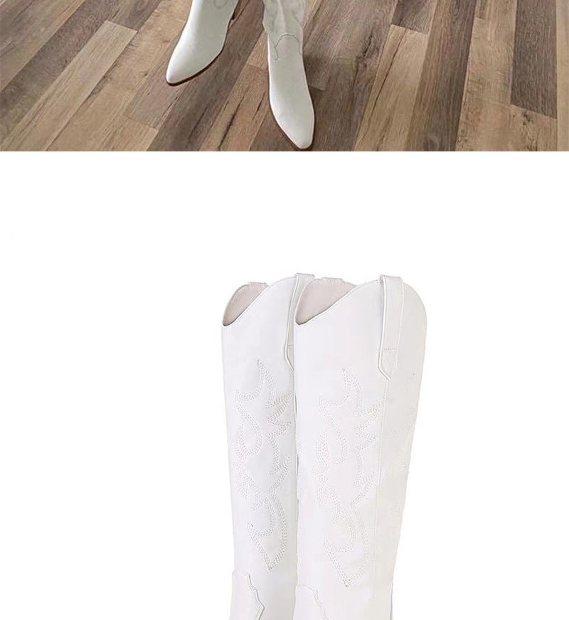 Casual White Embroidered Long Knight Boots