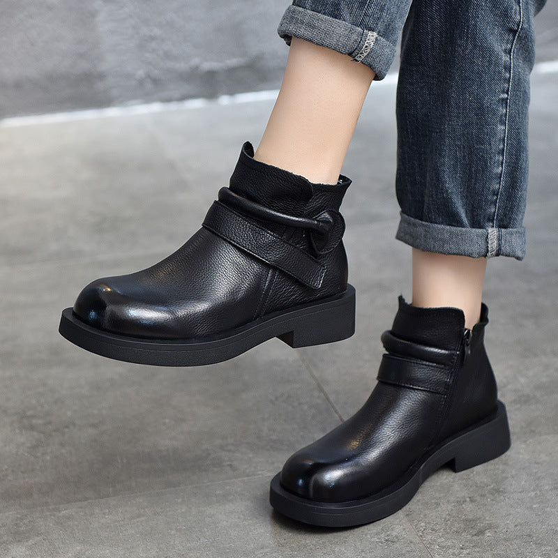British Style Leather Mid-heel Short Boots
