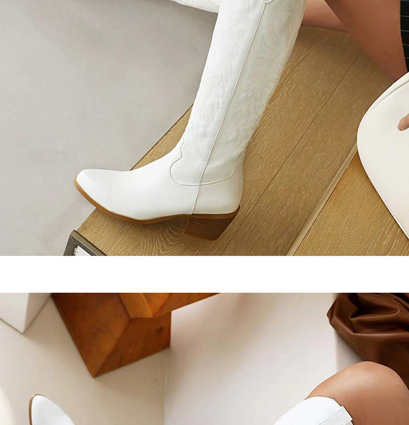 Casual White Embroidered Long Knight Boots