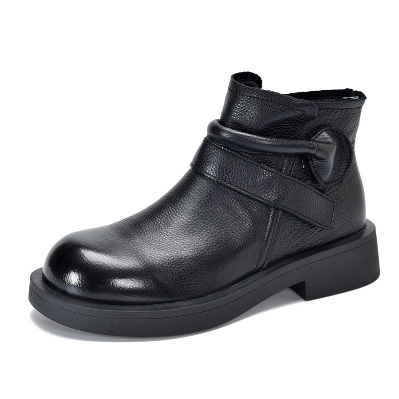 British Style Leather Mid-heel Short Boots