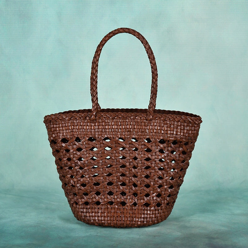 Woven Vegetable Basket Bag Cowhide Hollow Handbag