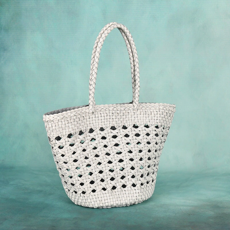 Woven Vegetable Basket Bag Cowhide Hollow Handbag