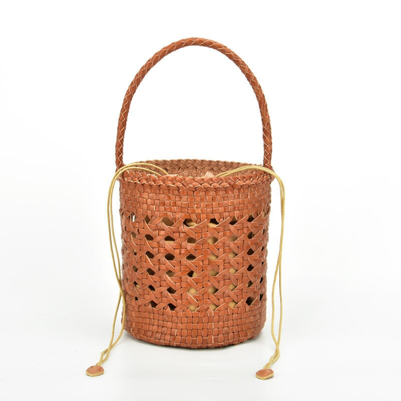Simple Cowhide Hollowed Out Bucket Bag Cylinder Bag