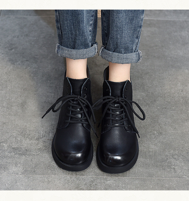 Vintage Leather Lace-Up Mid-Heel Boots