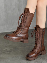 British Style Leather Velvet Strappy Mid-Heeled Long Boots