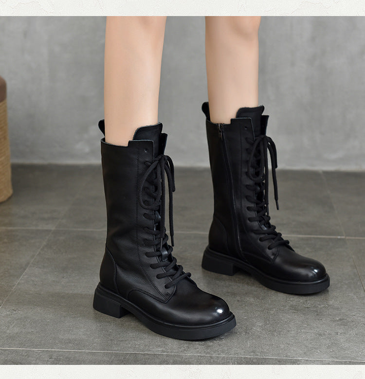 British Style Leather Velvet Strappy Mid-Heeled Long Boots