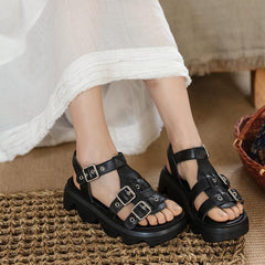 Sandalias de plataforma auténticas y cómodas para mujer con hebillas planas en negro y beige