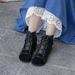 Retro Genuine Soft Flat Boots Round Toe Lace Up Mori Girl Style Ankle Boots Wide Fit Black