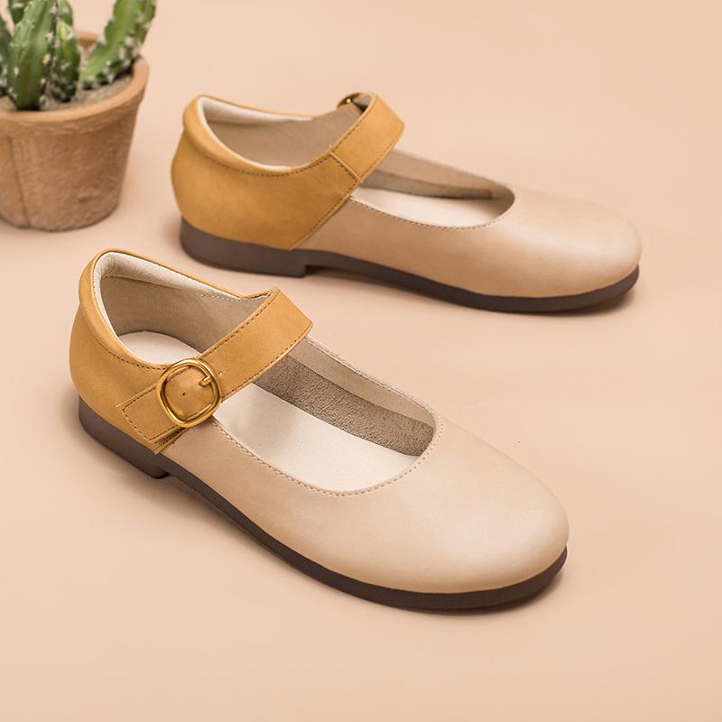 Handmade Flat Mary Jane Round Toe Apricot/Pink