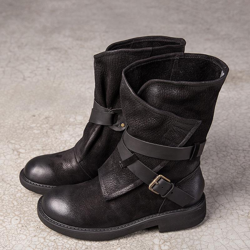 Womens Retro Mid Calf Boots for Winter Buckles Boots