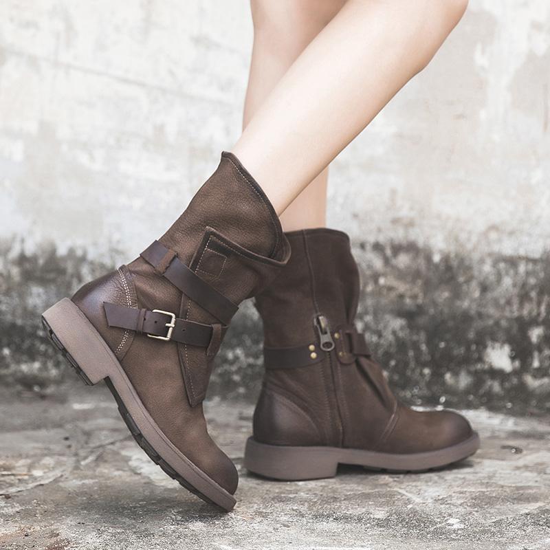 Womens Retro Mid Calf Boots for Winter Buckles Boots