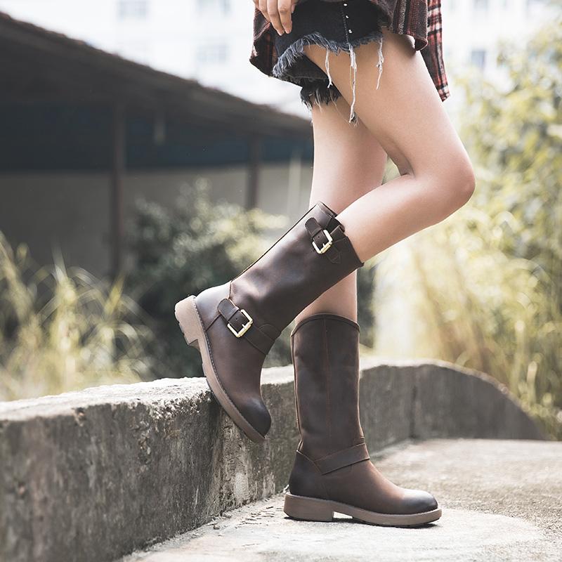 Crazy Horse Mid Calf Boots Western Cowboy Boots Retro Riding Boots Brown/Coffee/Black