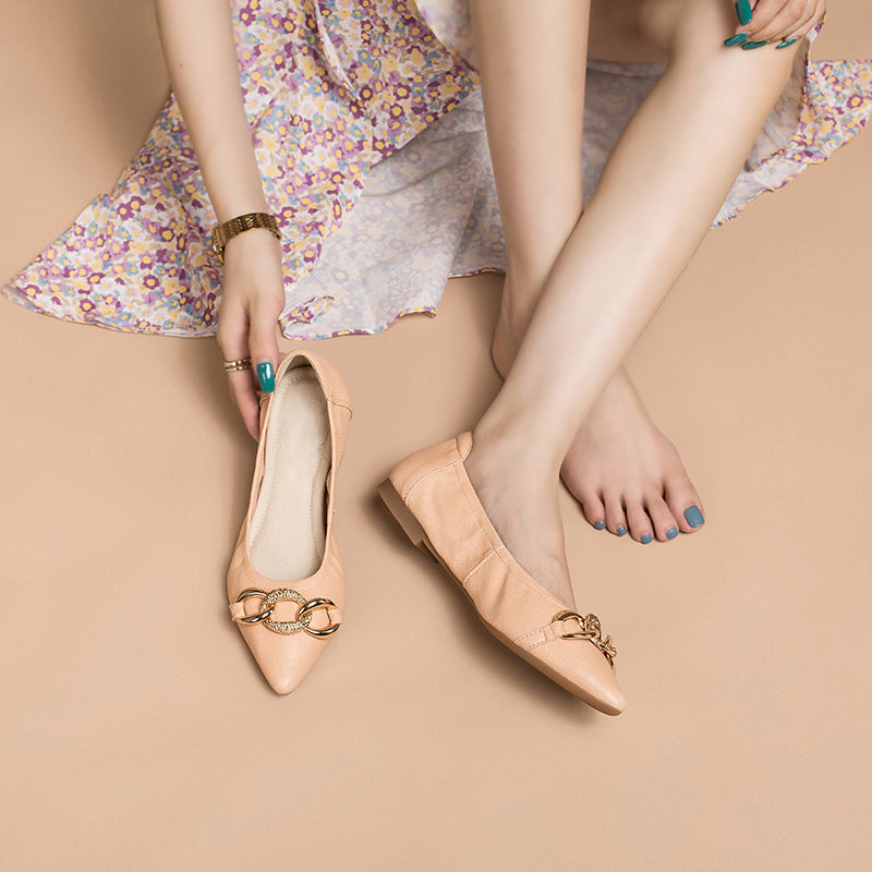 Sheepskin Point Toe Ballet Flats Apricot/Pink/Black