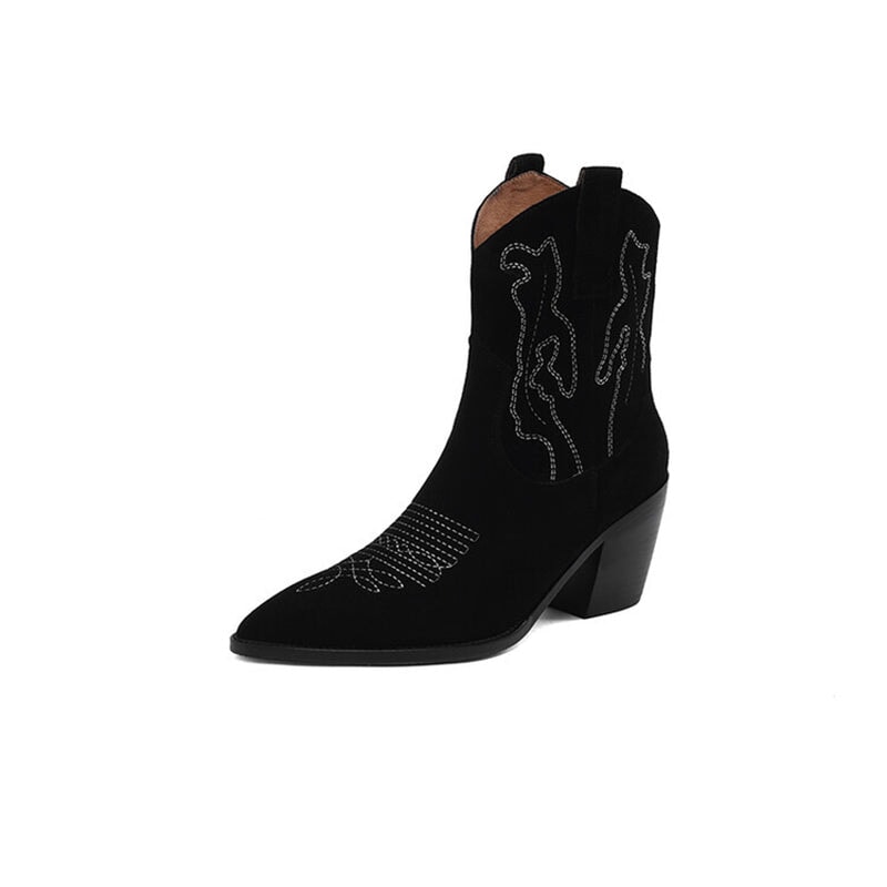 Suede Western Boots Mid Calf Contrast-stitching Cowboy Boots