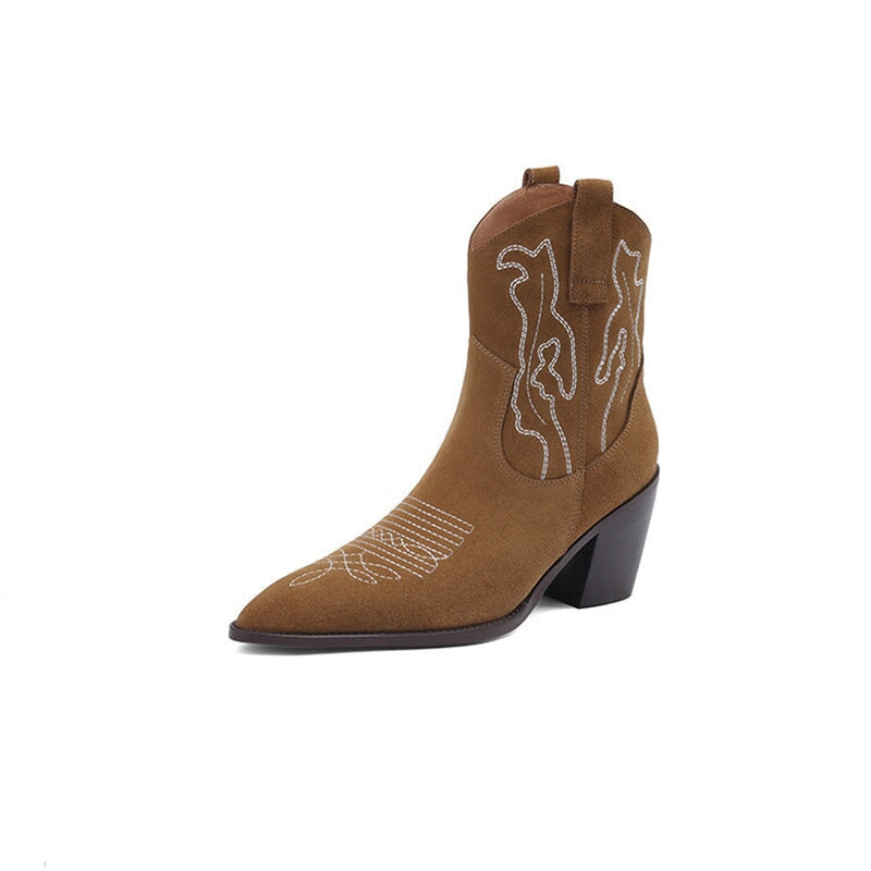 Suede Western Boots Mid Calf Contrast-stitching Cowboy Boots