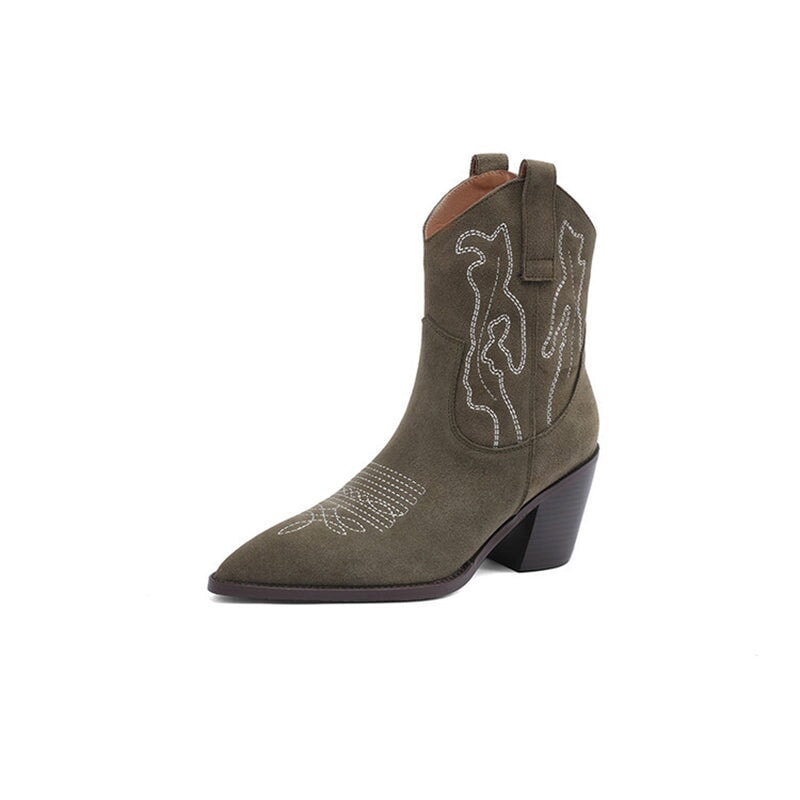 Suede Western Boots Mid Calf Contrast-stitching Cowboy Boots