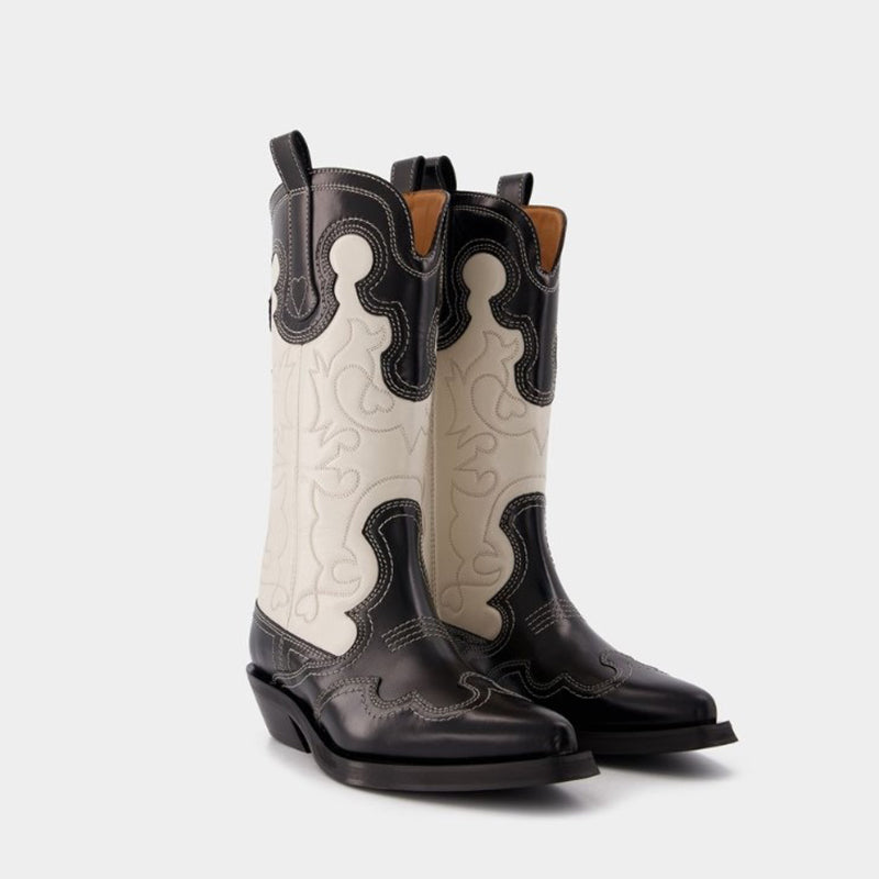 Womens Contrasting Embroidery Western Boots Mid Calf Cowboy Boots