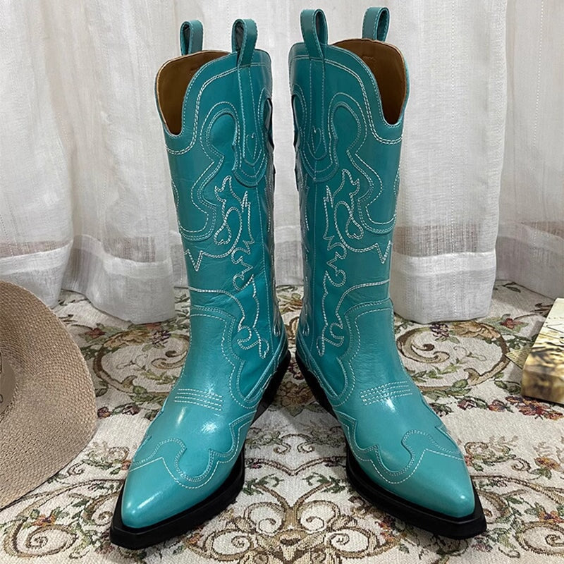 Womens Contrasting Embroidery Western Boots Mid Calf Cowboy Boots